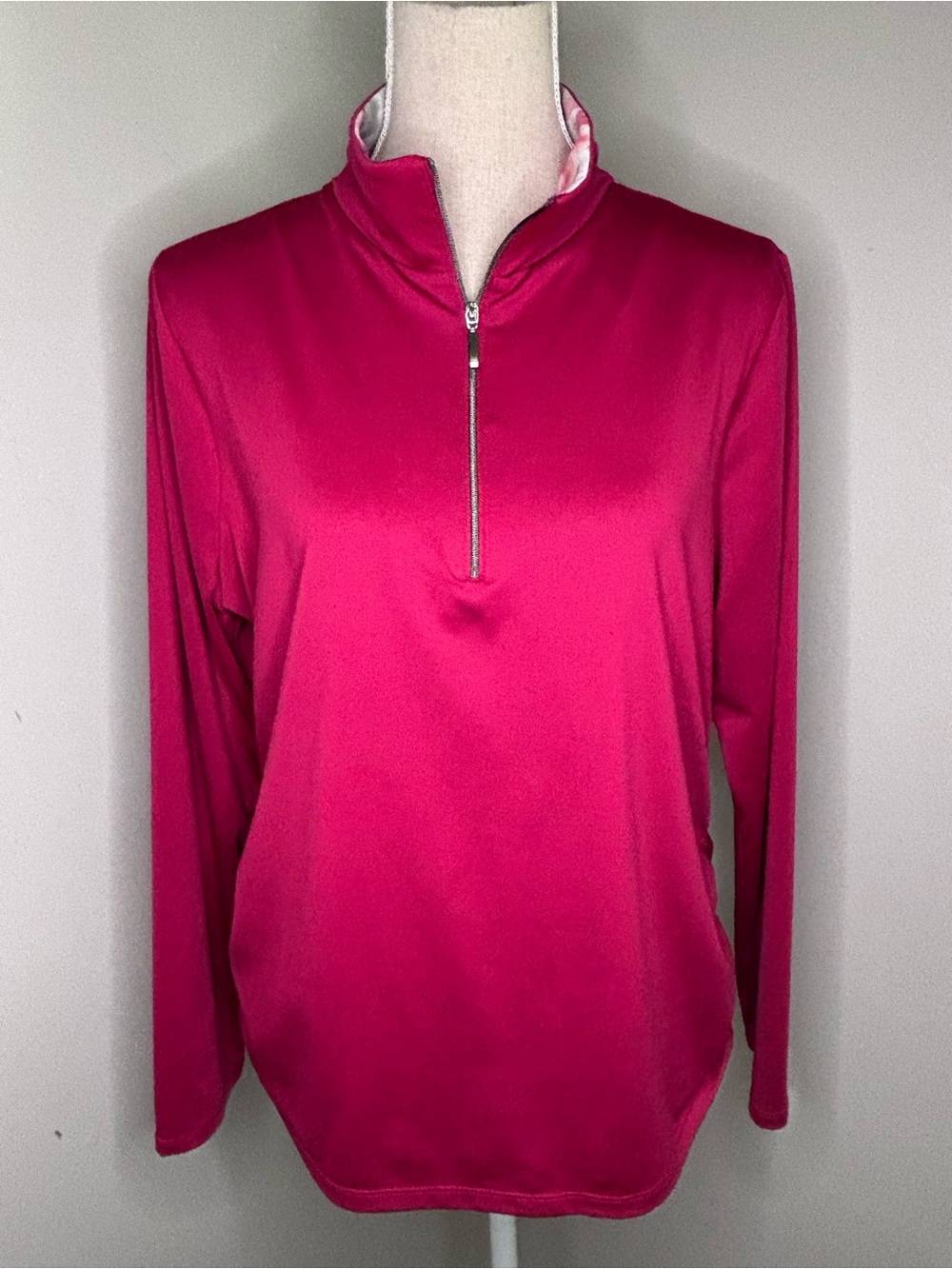 Chico’s dark pink-red 1/4 zip mock neck stretch pullover ruched sides sz 2 Large